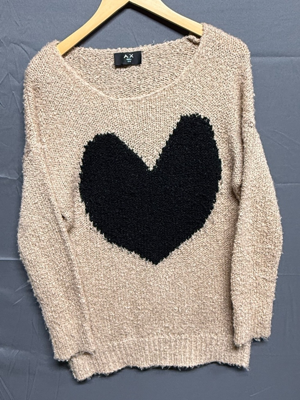AX PARIS Heart Sweater Tan Black Fuzzy Intarsia Knit Comfy Cozy Oversized S/M